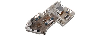 A 3D image of a house layout with a living room, dining room, kitchen, and two bedrooms.