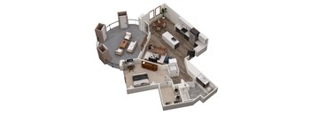 A 3D floor plan of a house with a living room, kitchen, dining room, and bedrooms.