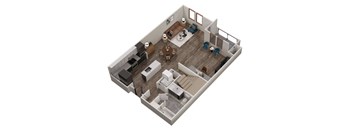 A 3D rendered image of a modern apartment layout.