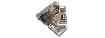 A 3D floor plan of a small apartment with a living room, kitchen, and bathroom.