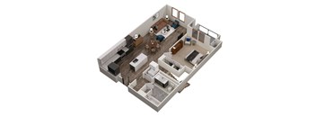 A top down view of a house interior with a kitchen, living room, dining room, and bedrooms.