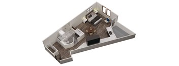 A 3D image of a modern living room with a kitchen area.