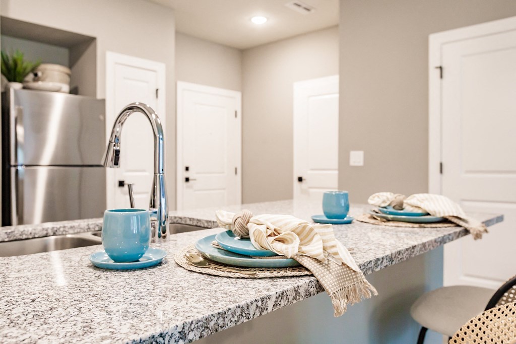 a kitchen with a sink and a counter with plates and napkins