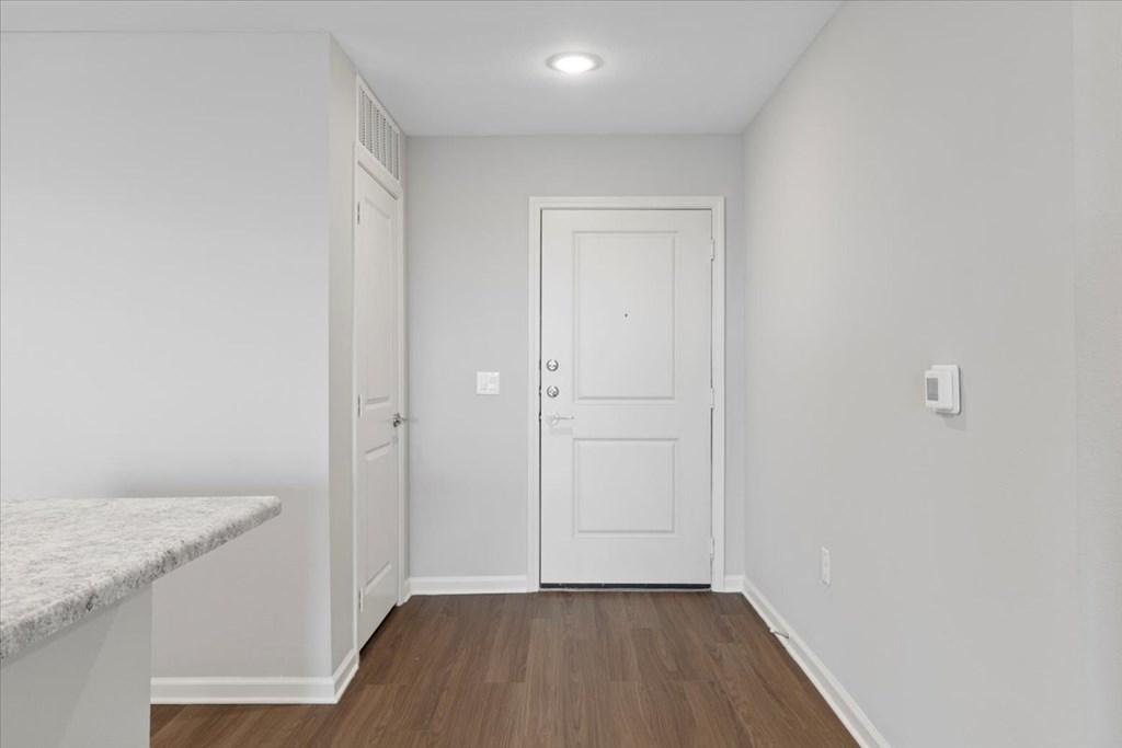 A white door is in a room with a marble counter top.
