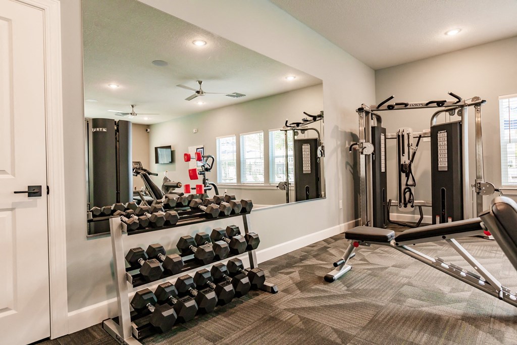 fitness center with dumbbells and a machine at Vantage Luxury Apartments in  Cape Coral, FL