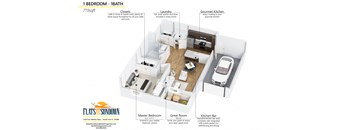 1 bedroom 3D floor plan with garage