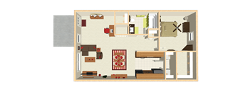 A floor plan of a house with a kitchen, living room, and dining area.