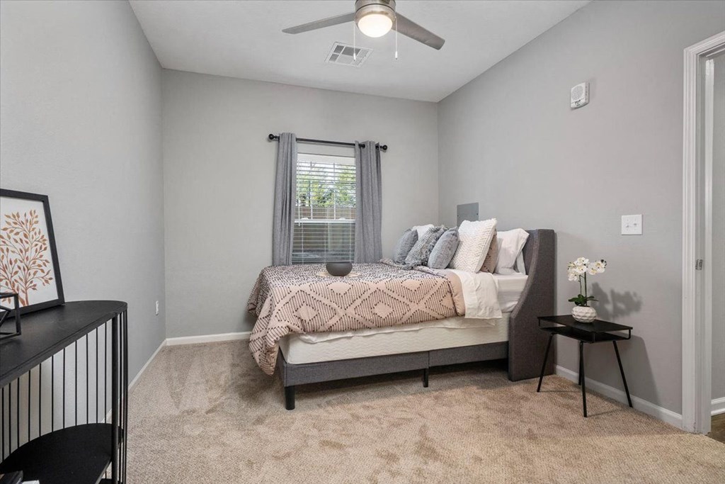 a bedroom with a bed and a ceiling fan