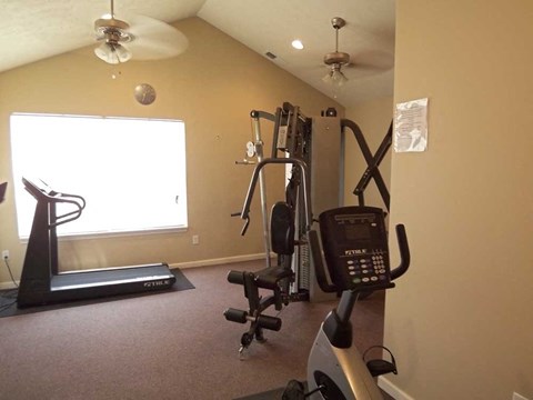 Fitness area with a large window and a treadmill at Maple Tree Apartments in LaPorte, IN