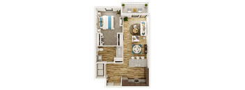 a furnished floor plan of a 1 bedroom apartment