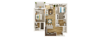 a furnished floor plan of a 1 bedroom apartment