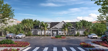 a rendering of a building with a parking lot and palm trees