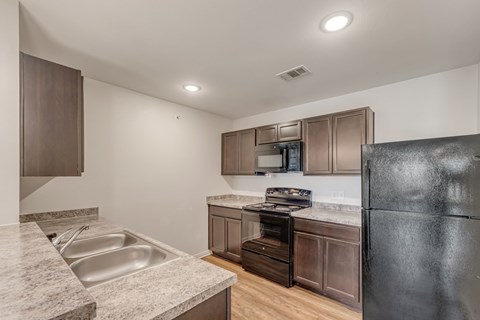 A kitchen with a black refrigerator, sink, and wooden cabinets.
