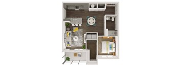 A top-down view of a small apartment with a kitchen, living room, and bedroom.