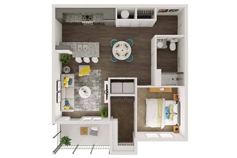 A top-down view of a small apartment with a kitchen, living room, and bedroom.