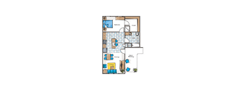 A floor plan of a house with a living room, dining room, kitchen, and bathroom.