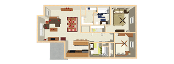A floor plan of a house with a kitchen, living room, and two bedrooms.