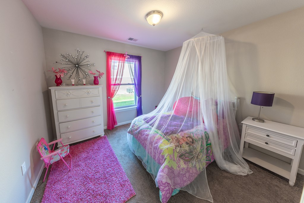 A bedroom with a canopy bed and a pink rug.