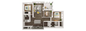A 3D floor plan of a small apartment with a kitchen, living room, and bedroom.