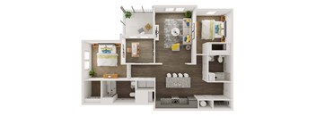 A 3D floor plan of a 2 bedroom apartment