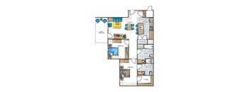 A floor plan of a house with a living room, dining room, kitchen, laundry, and bathrooms.