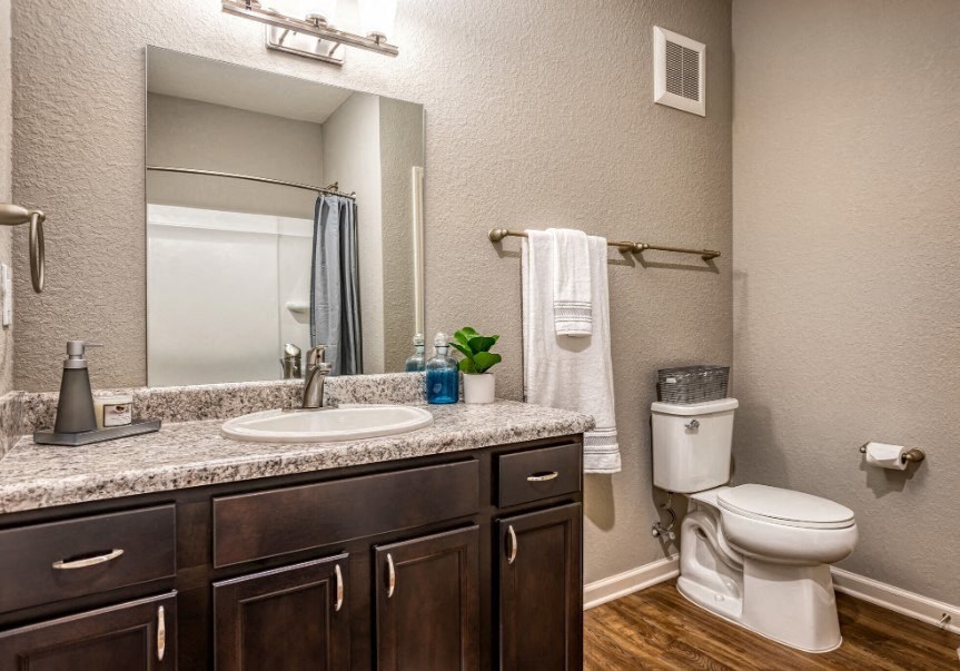 A bathroom with toilet, sink, and mirror at the Flats at Sundown in North Port, Florida