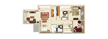 A detailed floor plan of a two-bedroom apartment with a living room, kitchen, and bathroom.