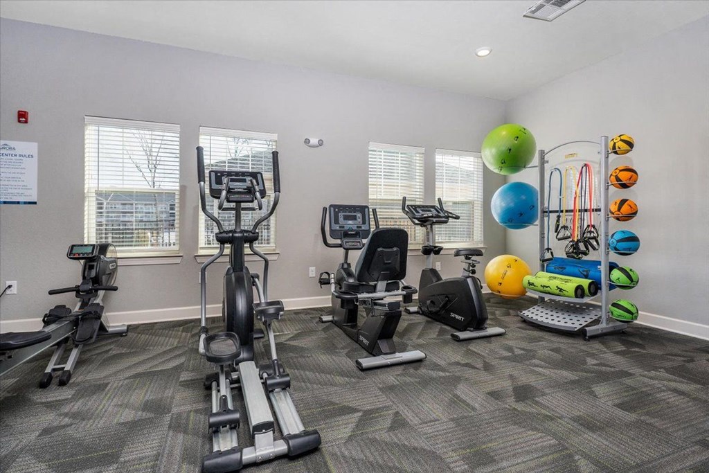 a gym with cardio equipment and weights in a room with windows