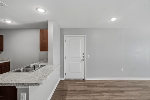 A kitchen with a sink and a door.