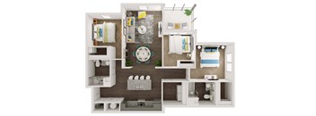 A 3D floor plan of a small apartment with a kitchen, living room, and bathroom.