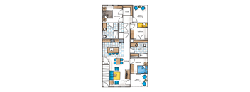 A floor plan of a house with a living room, dining room, kitchen, and bathrooms.