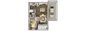 a 1 bedroom floor plan with an attached garage