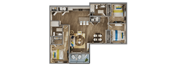 A 3D floor plan of a 3 bedroom apartment