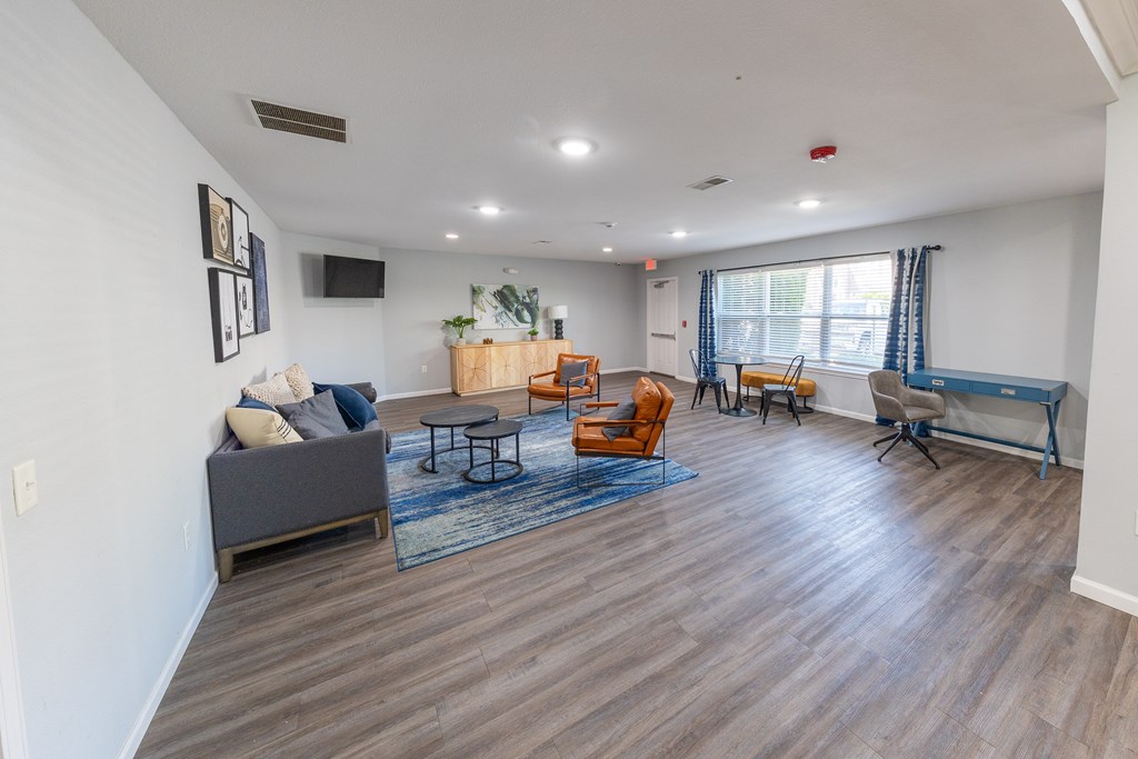 A living room with a grey couch, a wooden coffee table, and a blue rug.