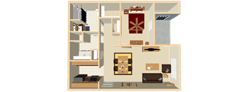 A drawing of a house interior with a kitchen, living room, and bathroom.