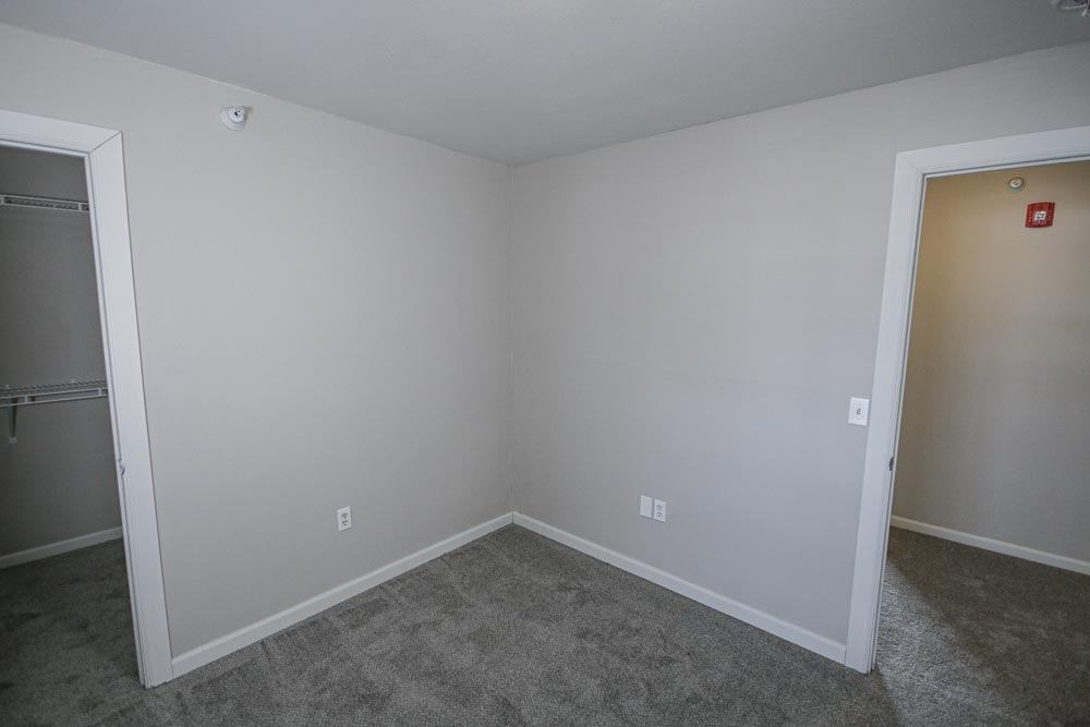 A room with white walls and a carpeted floor.