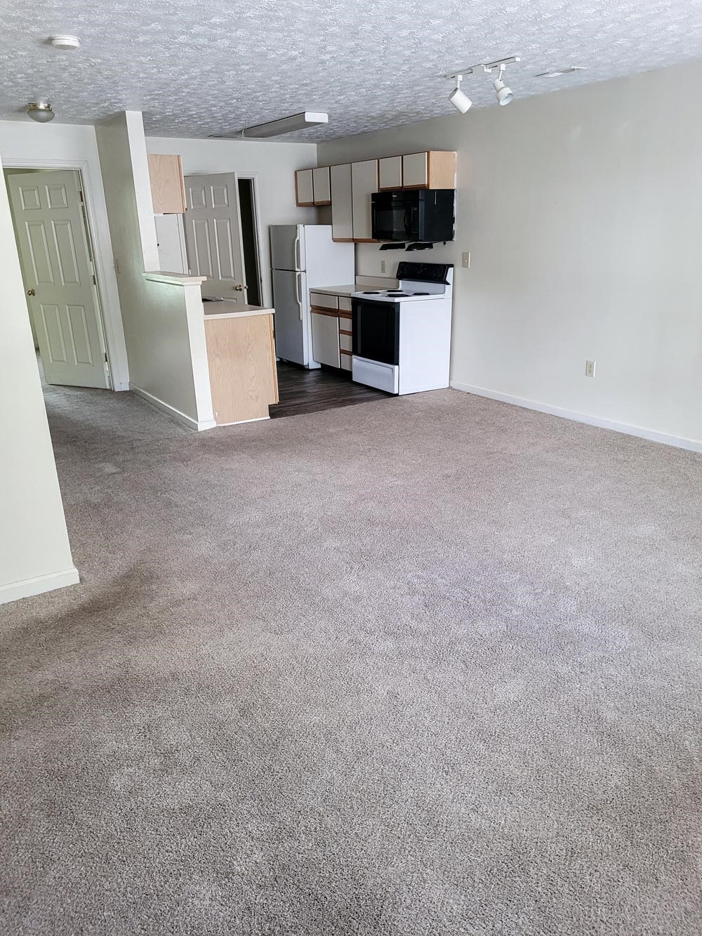 Empty living room with a kitchen in the background at Canterbury House apartments in Monticello, Indiana