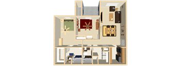 A 3D rendered image of a house layout.