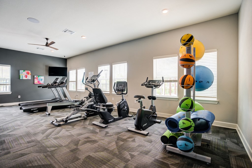 Fitness room with cardio equipment and medicine balls on a rack at Aurora Apartments in Madison, Alabama