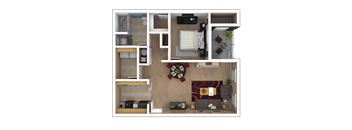 A 3D floor plan of a small apartment with a kitchen, living room, and bathroom.