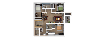 A 3D rendered image of a small apartment layout.