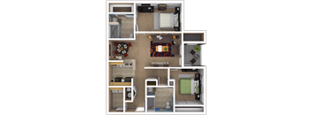 A 3D floor plan of a small apartment with a kitchen, living room, and bedroom.