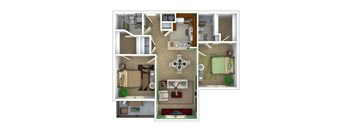 A 3D floor plan of a house with a kitchen, living room, and bedrooms.
