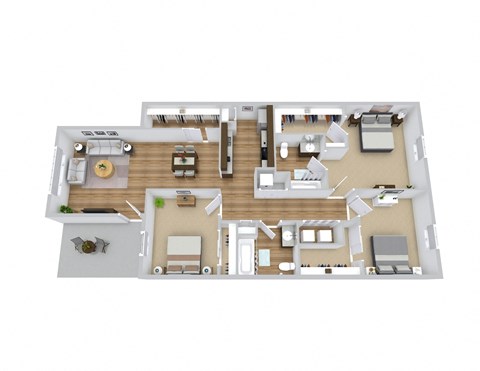 A floor plan with a kitchen, living room, and two bedrooms.