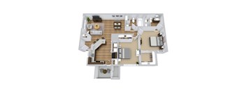 A 3D floor plan of a 2 bedroom apartment