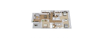 a 3d floor plan of a 3 bedroom apartment
