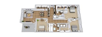 A floor plan of a house with a living room, dining room, kitchen, and two bedrooms.
