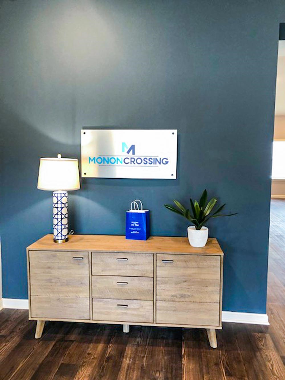 A wooden dresser with a lamp and a plant on top of it.