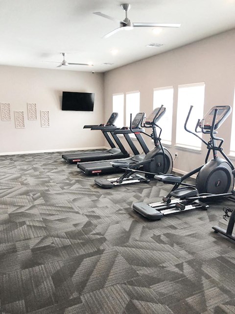 A fitness center with treadmills and a television on the wall.