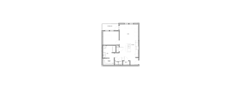 A floor plan of an apartment with a kitchen, living room, and one bedrooms.